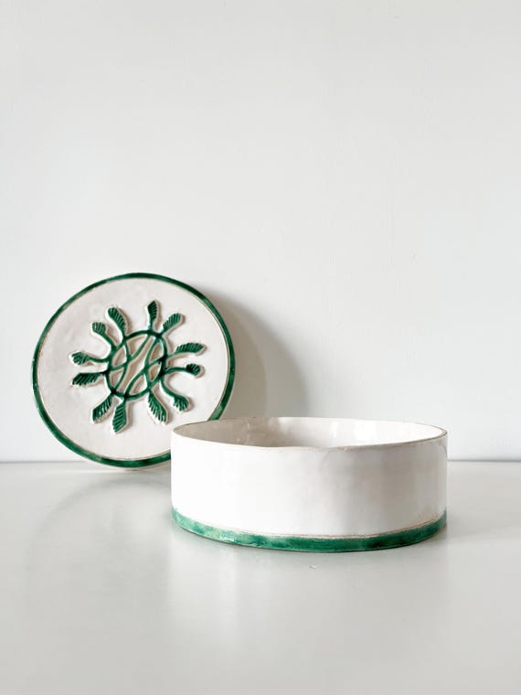Vintage 1950s white and green embossed ceramic box