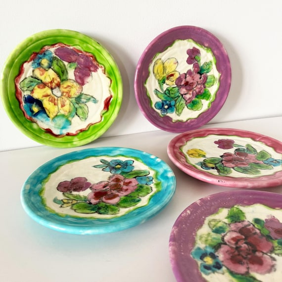 Set of 5 Vallauris floral majolica plates, 1950