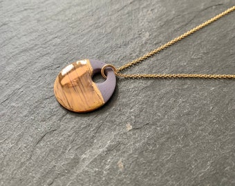 Purple Porcelain & Gold Round Pendant Necklace