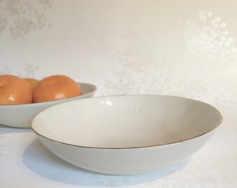 Gold Rimmed Porcelain Clay Bowl. Pure White Clear Glazed Ceramic Dish. Kitchen. Dining. Home Decor. Handmade. Minimalist Design.