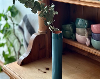 Teal Porcelain Stem Vase with a contrasting Orange Interior