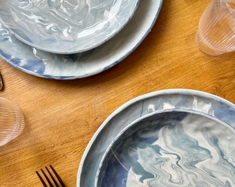 Seven Piece Contemporary Blue & White Marbled Porcelain Dinnerware Set