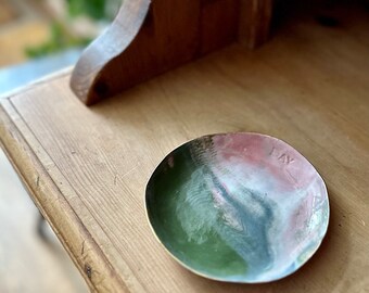 Gold Rimmed Green, Pink & Blue Marbled Porcelain Trinket Dish