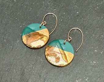 Green Porcelain & Gold Drop Earrings