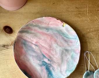 Gold Rimmed Pink, Blue & Green Marbled Porcelain Trinket Dish