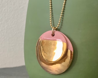 Double Layered Pink Porcelain & Gold Pendant Necklace