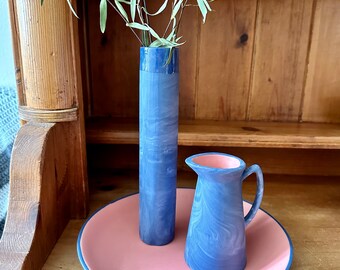 Marbled Blue Porcelain Stem Vase with a contrasting Pink Interior