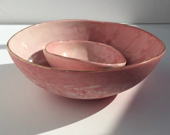 Marbled Pink Porcelain Bowl Duo with Gold Rims