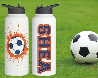 Soccer Water Bottle, Personalized 32oz Insulated Bottle, Custom Name Soccer Gift, Stainless Steel Sports Bottle, Soccer Mom Player Gift