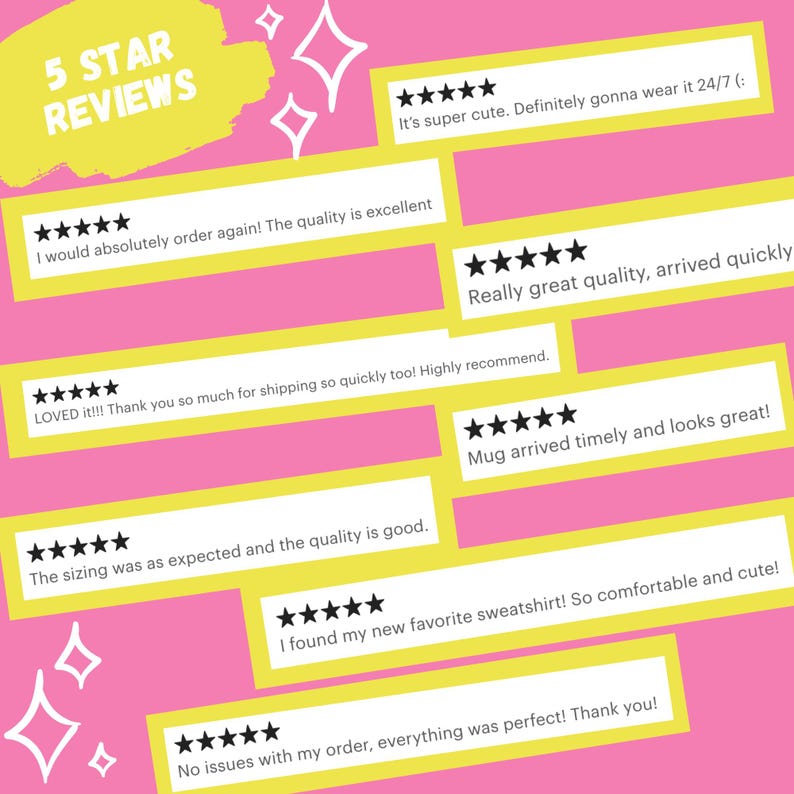 May include: A pink background with yellow rectangles displaying customer reviews. The reviews mention phrases such as "super cute," "great quality," and "everything was perfect." White star icons are present.