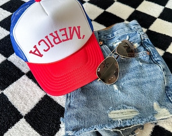 Merica America USA Upside Down Trucker Hat Cute Trendy Graphic Retro Vintage Snapback Foam Hat