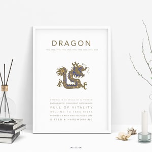 DRAGON -Asian Chinese Horoscope  Zodiac print poster design | Home Decor, Birthday, Babyshower| Ox, Rooster, Snake, Horse, Rat, Dog, Monkey