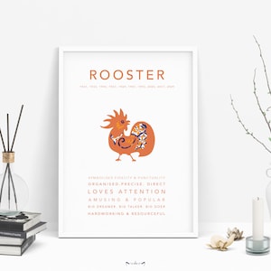 ROOSTER -Chinese lunar Horoscope Zodiac print poster | Home Decor, Birthday, Babyshower| Ox, Rabbit, Snake, Horse, Rat, Dog, Dragon, Pig