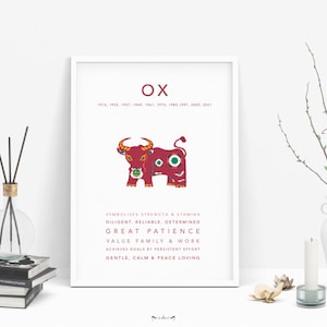 OX -Chinese lunar Horoscope Zodiac print poster | Home Decor, Birthday, Babyshower| Ox, Rooster, Snake, Horse, Rat, Dog, Dragon, Rabbit