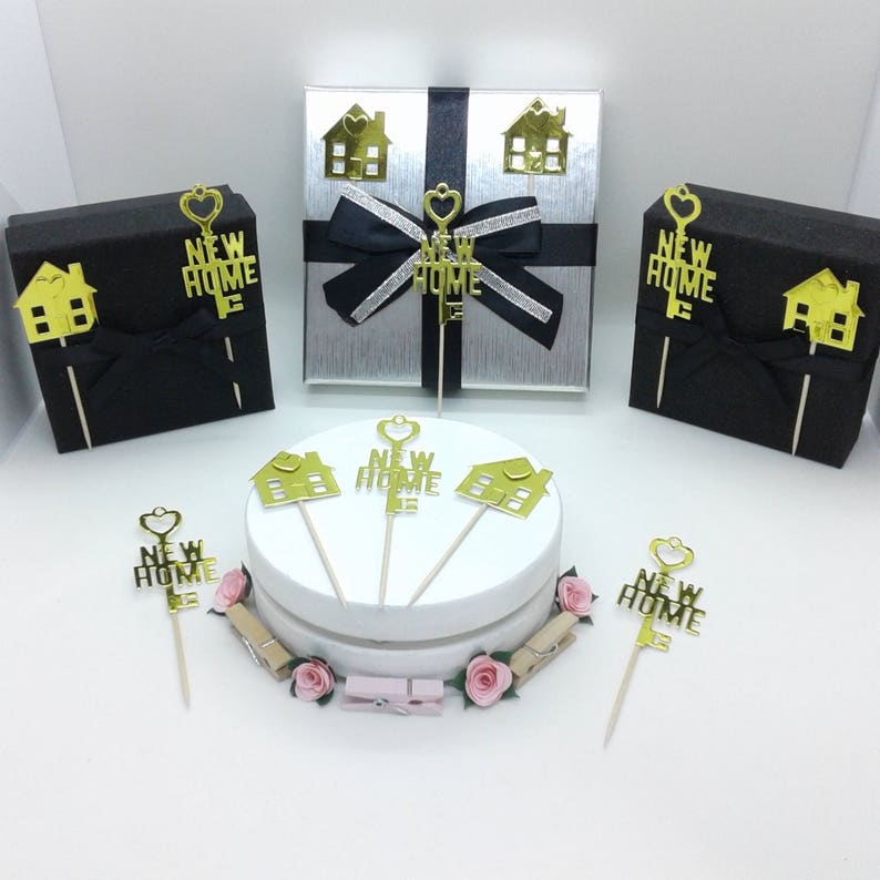 New Home Cupcake Toppers Decorations Gold Houses Keys Image 0