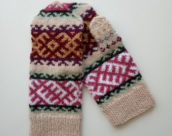 Handmade Latvian mittens, Free Shipping, 100% natural wool, very soft and warm, cream, rose, green, white, violet, bordo colors