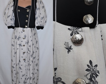 Vintage Women Dirndl Maxi Linen Dress Size M/L Floral Print Black Beige Trachten Dress Short Puffy Sleeves Fairytale Dress Peasant Chiemseer