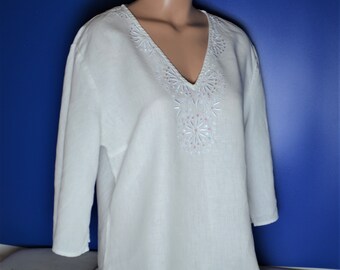 Camisa de lino blanca vintage para mujer, talla L, blusa de lino, camisa de manga 3/4, blusa bordada con cuello en V, camisa de lino puro de verano, top minimalista