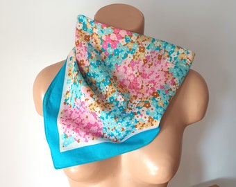 Vintage Floral Neck Scarf Blue Pink Hydrangea Flowers Cotton Bandana Small Flowers Square Scarf Hairtie Turquoise Pink Brown Scarf Kerchief