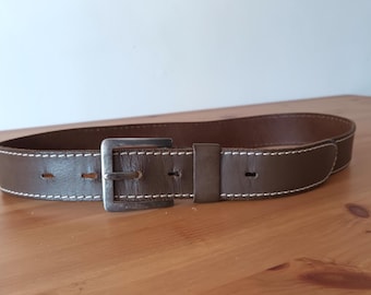Vintage Men's Brown Genuine Leather Belt Casual Minimalist Matte Brown Solid Print Belt Silver Tone Square Buckle Leather Brown Belt