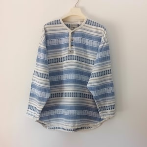 Vintage Herren Baumwollhemd Größe XL Blau Weiß Navajo Print Hemd Ethnische Herrenhemd Langarm Halb geknöpft Baumwolle Westernhemd Azteken Top