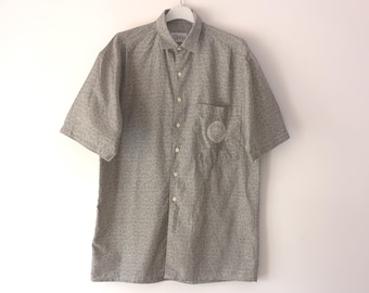 Vintage Men's Gray White Cotton Shirt Size S Gray White Embroidered Cotton Shirt Short Sleeve Collared Shirt One Chest Pocket Designer Shirt