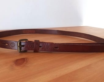 Vintage Women's Brown Thin Leather Belt Cognac Brown Real Leather Belt Classic Bronze Tone Buckle Belt Solid Chestnut Leather Thin Belt