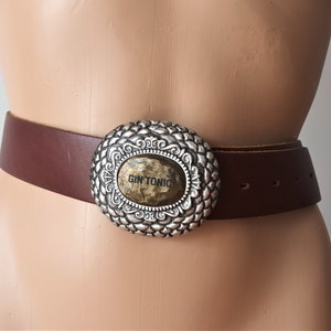 Vintage Women&#39;s Brown Genuine Leather Belt Brown Leather Belt Waist Belt Oval Silver Tone Buckle Statement Buckle Made in Germany Belt