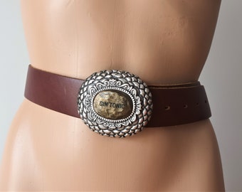Vintage Women's Brown Genuine Leather Belt Brown Leather Belt Waist Belt Oval Silver Tone Buckle Statement Buckle Made in Germany Belt