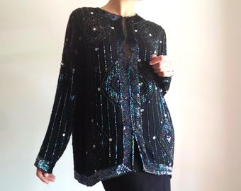 Vintage Women's Black Sequined Beaded Top Size L Black Beaded Cardigan Long Sleeve Beaded Sequins Blouse Embroidered Party Shiny Shimmer Top