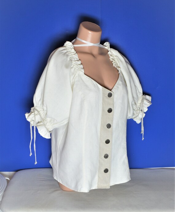 Vintage Women Linen Blouse Size L Off White Dirnd… - image 3