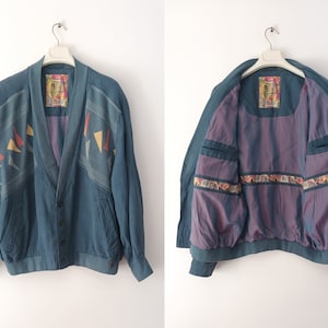Bush Vintage Men&#39;s Jacket Size L/XL Green Petrol Linen Retro Old School Multicolor Hipster Sportswear Bomber 90&#39;s 80&#39;s Streetwear Jacket