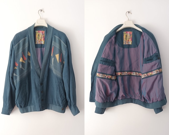 Bush Vintage Men's Jacket Size L/XL Green Petrol Linen Retro