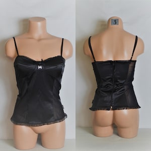 Top tipo corsé negro para mujer, talla XS, satén negro, detalles de malla, corsé, cierre en la espalda, tul elástico, top tipo corsé, fabricado en Italia