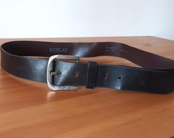 Vintage Men's Black Leather Belt Silver Tone Square Buckle Genuine
