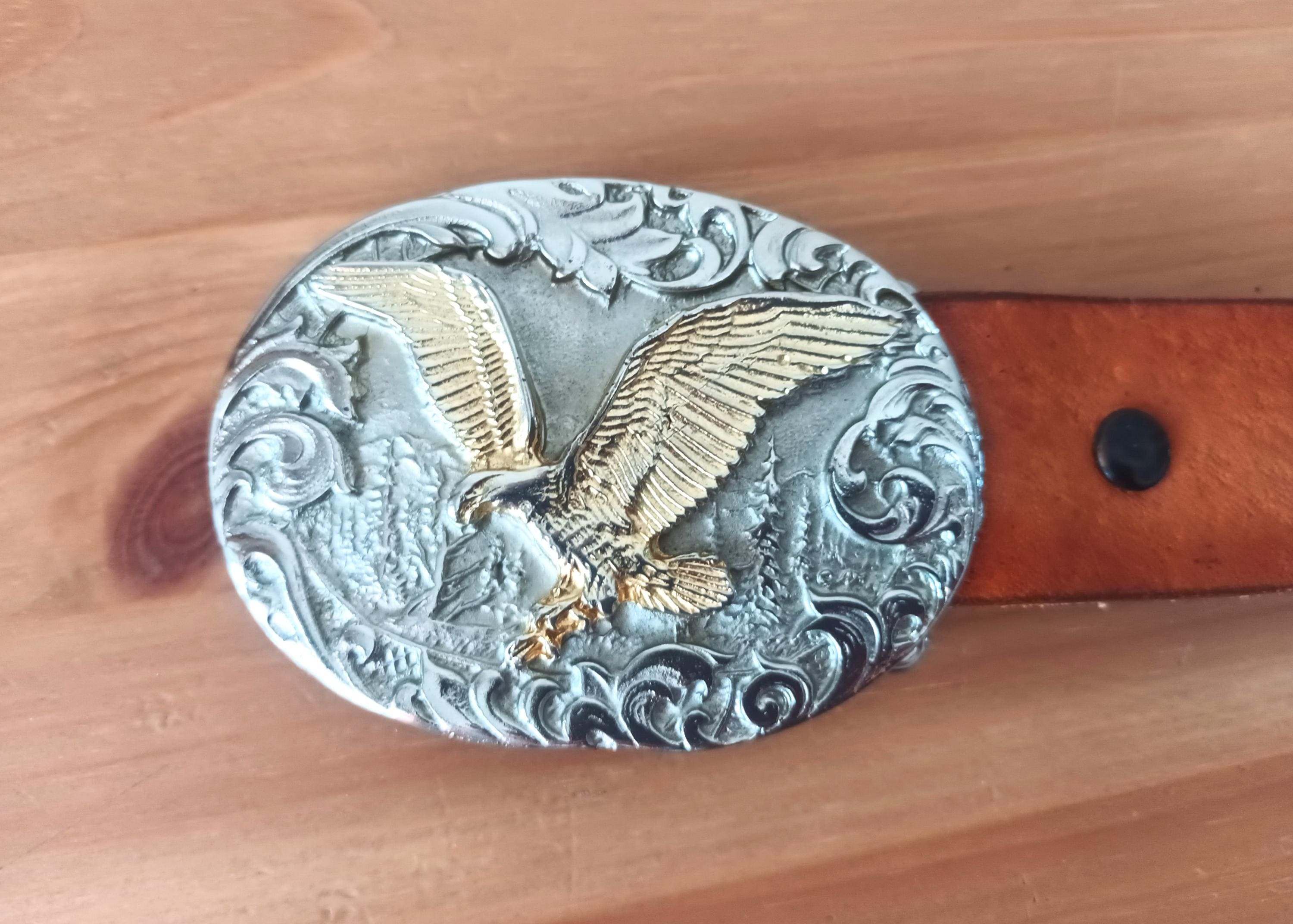 Western Style Tooled Leather Belt With Silver Eagle Buckle Ridge Mountain Tooled Brown Leather Belt with Eagle Design  main image 3