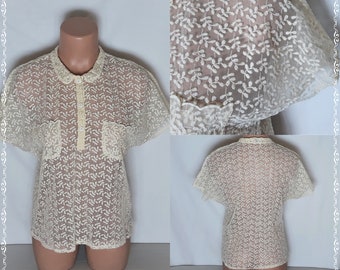 Rare SAINT CLAIR Paris 70's Vintage Ecru Lace Blouse Size M Cream Sheer Embroidered Mesh Top Leaf Short Sleeve See Through Made in Italy