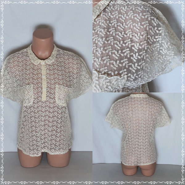 Rare SAINT CLAIR Paris 70's Vintage Ecru Lace Blouse Size M Cream Sheer Embroidered Mesh Top Leaf Short Sleeve See Through Made in Italy