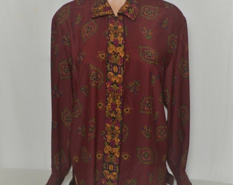 Vintage Women Blouse Size M Burgundy Paisley Pring Long Sleeve Buttons Shirt Made in Japan Polyester Blouse Retro Floral Print Burgundy Top