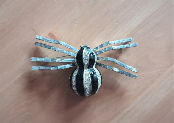 Vintage Enamel Black Spider Brooch with Rhineston… - image 5