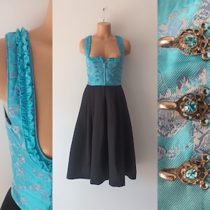 Vintage Dirndl Midi Dress Size XXS/XS Blue Black Floral Dress Sleeveless Corset Zip Dress Austrian Folk Trachten Oktoberfest Turquoise Dress