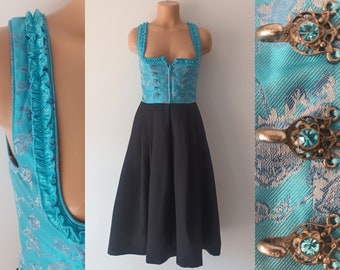 Vintage Dirndl Midi Kleid Größe XXS/XS Blau Schwarz Floral Kleid Ärmellos Korsett Zip Kleid Österreichische Folklore Trachten Oktoberfest Türkis Kleid