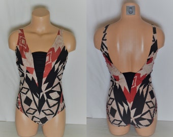 Maryan Vintage One Piece Swimsuit Size L/42 Black Beige Abstract Print Swimwear 1-Piece Bathing Suit Made in Germany Open-Back Art Deco Suit