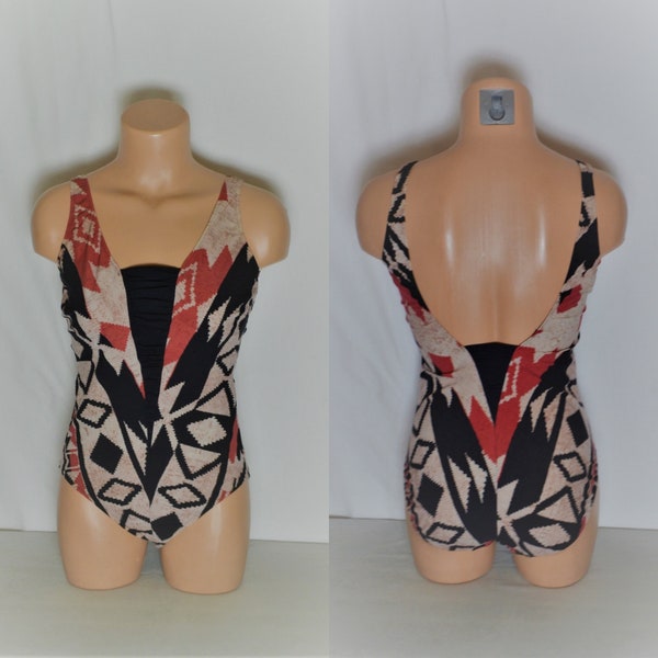 Maryan Vintage One Piece Swimsuit Size L/42 Black Beige Abstract Print Swimwear 1-Piece Bathing Suit Made in Germany Open-Back Art Deco Suit