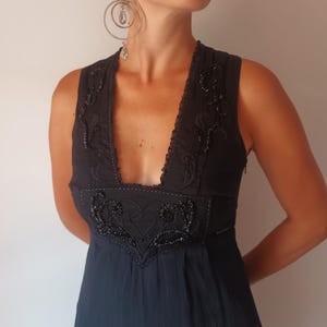 Vintage Womens Black Silk Mini Dress Size XS Black Cotton Embroidered Sleeveless Dress Night Party Evening Festival Boho Black Short Dress