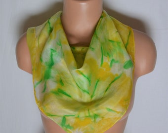 Vintage Yellow Silk Scarf Hand Dyed Handrolled Silk Scarf Square Lightweight Yellow Green Silk Scarf Hand Painted Ladies Silk Neck Scarf