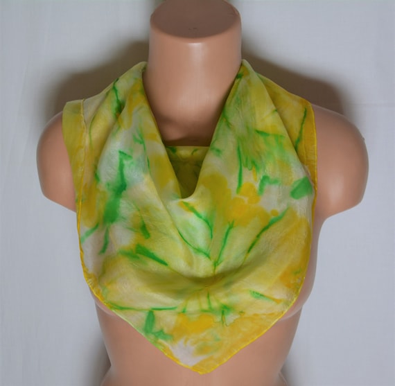 Vintage Yellow Silk Scarf Hand Dyed Handrolled Si… - image 1