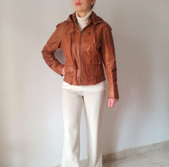 Vintage Women Brown Leather Biker Jacket Size S Tobacco Genuine Leather Motorcycle Jacket Cognac Brown Hooded Short Jacket Zip Style 00's