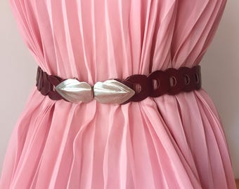 Vintage Women's Burgundy Leather Belt Size XS/S Genuine Leather Burgundy Waist Belt Silver Tone Leaf Buckle Belt Dress Waist Statement Belt