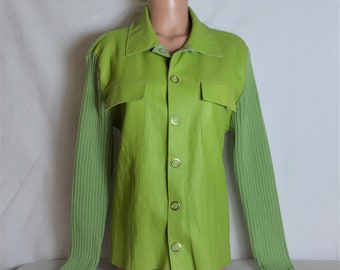 Vintage Women Green Leather Jacket Size S/M Ribbed Knitted Long Sleeve Snaps Jacket Genuine Leather Blazer Made in Italy Y2K Style 2000&#39;s